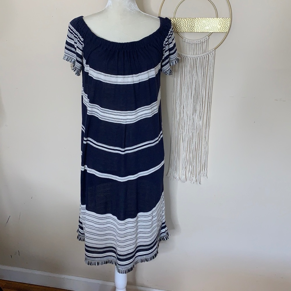 lucky brand • nautical fringe striped on/off shoulder dress